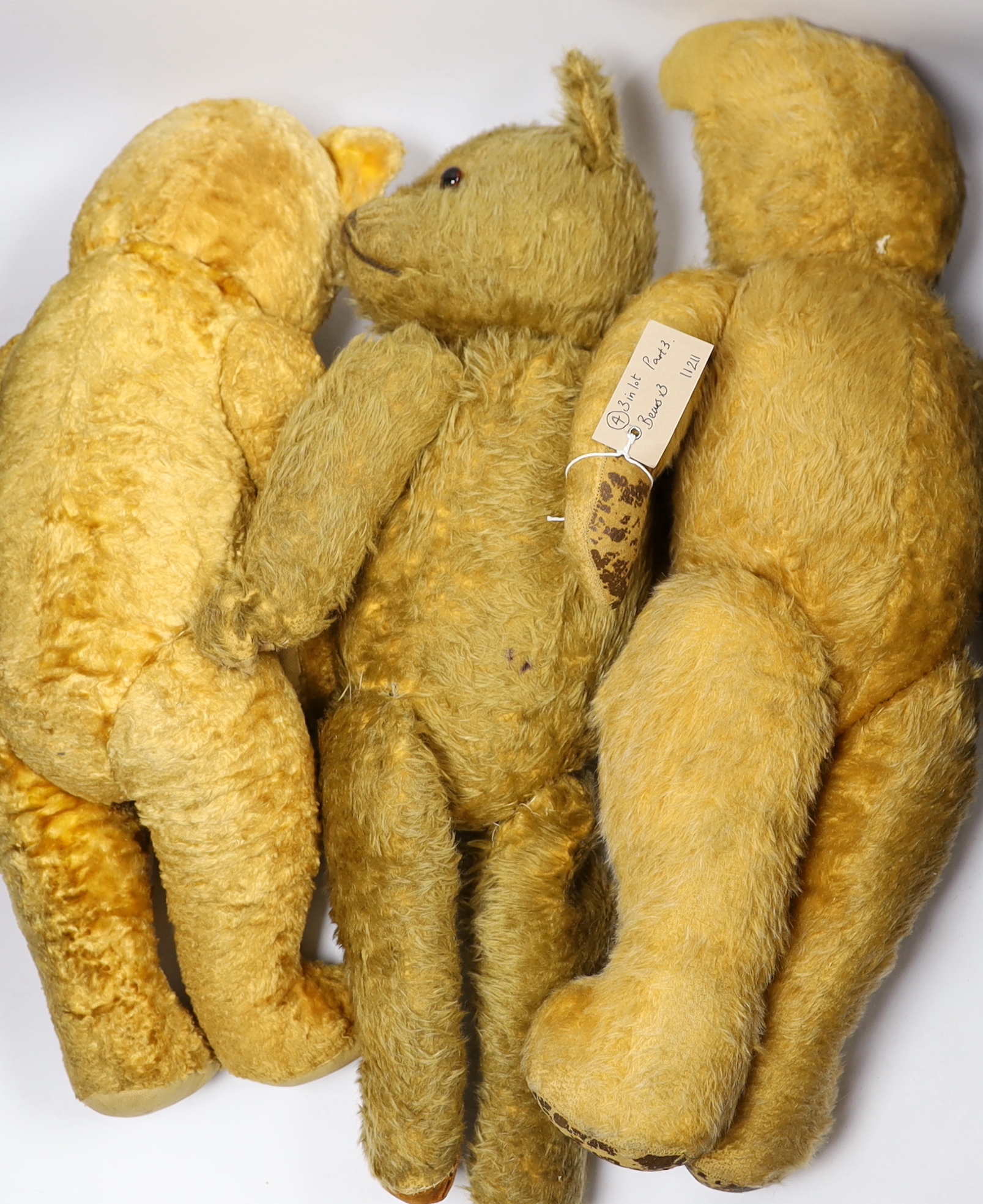 A cotton plush bear and two post-war mohair bears (3)
